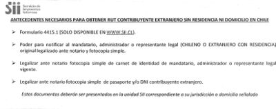 Список документов для получения RUT физическим лицом, не имеющим в Чили местожительства или вида на жительство. Получено в SII коммуны Сантьяго в апреле 2016 года.