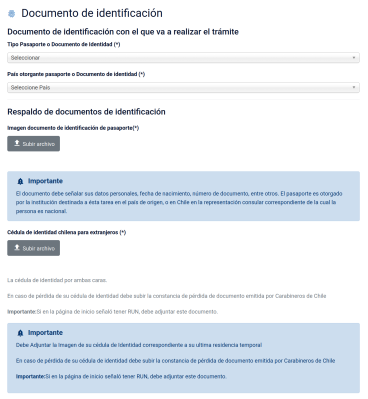 Идентификационный документ. Паспорт (в данном случае - загранпаспорт), страна выдачи, скан страницы с фотографией, чилийское удостоверение личности с двух сторон. В случае утери седулы - заявление об утере в полицию (Carabineros de Chile).
