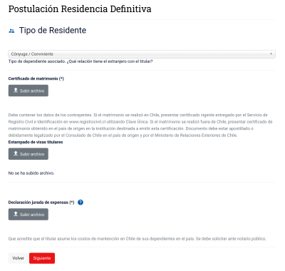 Для супруга/и: свидетельство о браке, estampado de visas titulares ("электронная виза титульного заявителя" - файл, в котором нужно объединить Estampado electronico титульного заявителя и супруга/и), спонсорская декларация от чилийского нотариуса.
