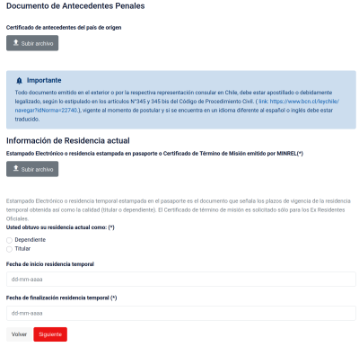 Справка о несудимости из страны происхождения (апостилированная и переведенная на испанский/английский язык), Электронная виза, выбор - титульный заявитель, дата начала действия текущей временной визы (отсчитывается от дня первого въезда в Чили с временной визой резидента), дата завершения действия текущей временной визы (обычно 2 года, это дата, до которой действительно чилийское удостоверение личности).