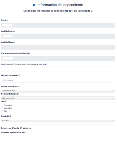 Имя, фамилия отца, фамилия матери, номер идентификационного документа (загранпаспорта), чилийский RUN, дата рождения, страна рождения, гражданство в данный момент (определяется по паспорту), пол, семейное положение, город проживания в данный момент.