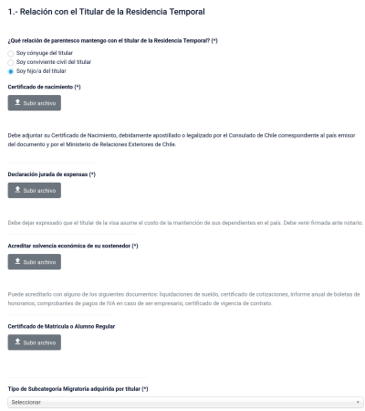 Отношение к титульному владельцу временной визы (Titular de la Residencia Temporal). Для сына/дочери от 18 до 24 лет - выгрузить четыре документа: свидетельство о рождении, спонсорское заявление, подтверждение финансовой состоятельности, Certificado de Matricula o Alumno Regular (Справка о зачислении/обучении студента).