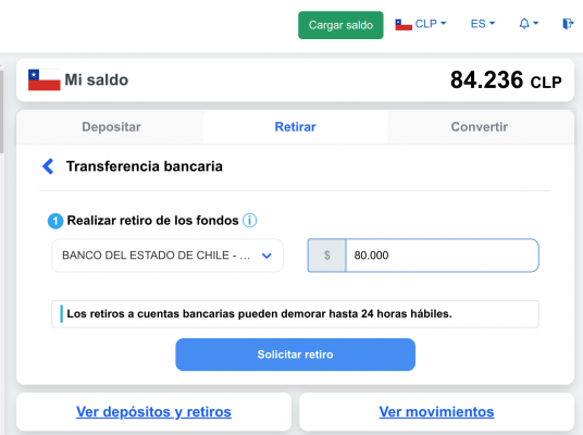 Выбираем из выпадающего списка счет в чилийском банке и вводим сумму для вывода, затем щелкаем Solicitar retiro.