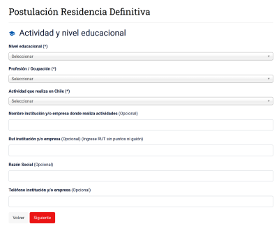 Деятельность и уровень образования. Статистические сведения: уровень образования, род занятий, деятельность в Чили. Можно указать название организации, где происходит ваша деятельность, ее RUT, полное юридическое название и телефон.