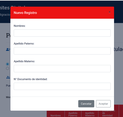 При нажатии на кнопку Agregar появляется форма Nuevo Registro с полями: имена, фамилия отца, фамилия матери, № идентификационного документа (здесь указывать номер загранпаспорта). После ввода всех членов семьи нажать на Siguiente.