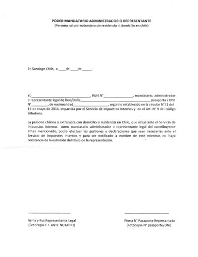 Образец доверенности легальному представителю для получения RUT физическим лицом, не имеющим в Чили местожительства или вида на жительство. Получено в SII коммуны Сантьяго в апреле 2016 года.